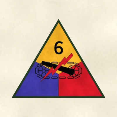 6th Armored Division (Army) shoulder sleeve insignia, redrawn in ink and watercolor from the public-domain reference image