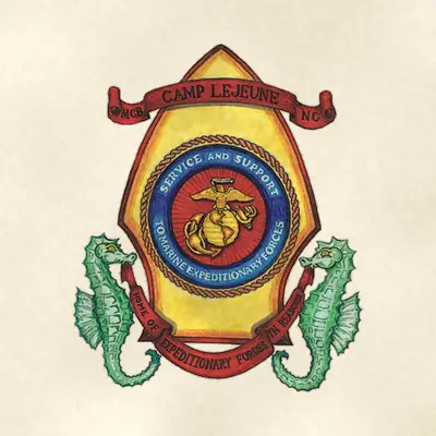 Marine Corps Base Camp Lejeune (Marine Corps) unit insignia / seal / logo, redrawn in ink and watercolor from the public-domain reference image