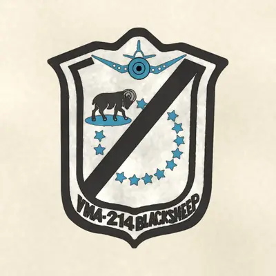 Marine Attack Squadron 214 (VMA-214) Black Sheep (Marine Corps) unit insignia / seal / logo, redrawn in ink and watercolor from the public-domain reference image