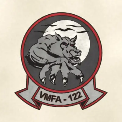 Marine Fighter Attack Squadron 122 (VMFA-122) (Marine Corps) unit insignia / seal / logo, redrawn in ink and watercolor from the public-domain reference image
