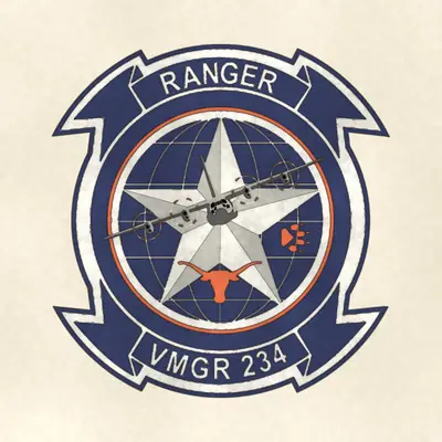 Marine Aerial Refueler Transport Squadron 234 (VMGR-234) (Marine Corps) unit insignia / seal / logo, redrawn in ink and watercolor from the public-domain reference image