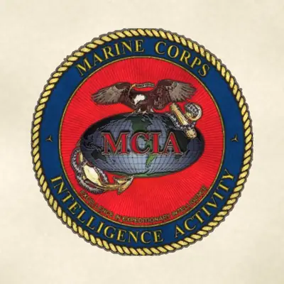 Marine Corps Intelligence Agency (Marine Corps) unit insignia / seal / logo, redrawn in ink and watercolor from the public-domain reference image