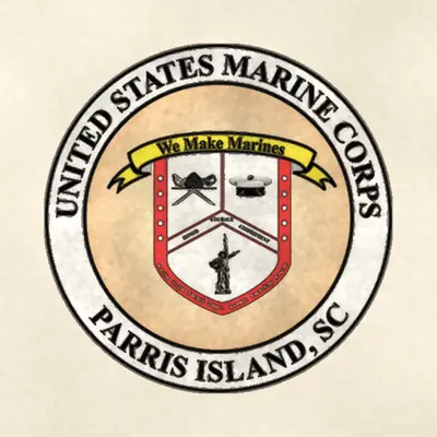 Marine Corps Recruit Depot Parris Island (Marine Corps) unit insignia / seal / logo, redrawn in ink and watercolor from the public-domain reference image