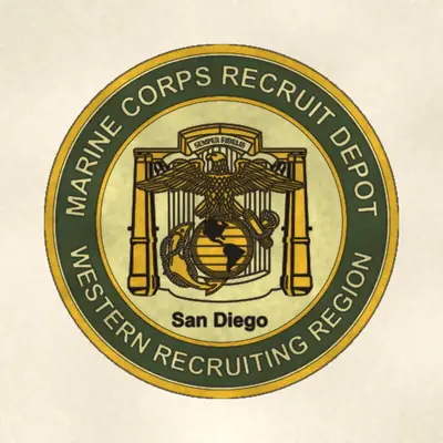 Marine Corps Recruit Depot San Diego (Marine Corps) unit insignia / seal / logo, redrawn in ink and watercolor from the public-domain reference image