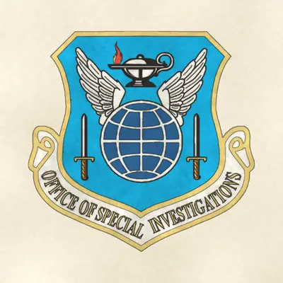 Air Force Office of Special Investigations (Air Force) organizational emblem, redrawn in ink and watercolor from the public-domain reference image
