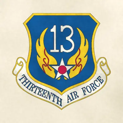 Thirteenth Air Force (Air Force) organizational emblem, redrawn in ink and watercolor from the public-domain reference image