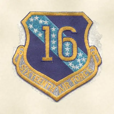 Sixteenth Air Force (Air Force) organizational emblem, redrawn in ink and watercolor from the public-domain reference image