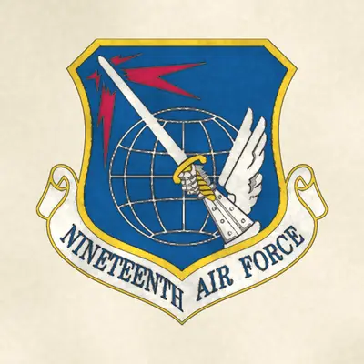 Nineteenth Air Force (Air Force) organizational emblem, redrawn in ink and watercolor from the public-domain reference image