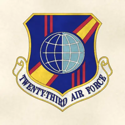 Twenty-Third Air Force (Air Force) organizational emblem, redrawn in ink and watercolor from the public-domain reference image