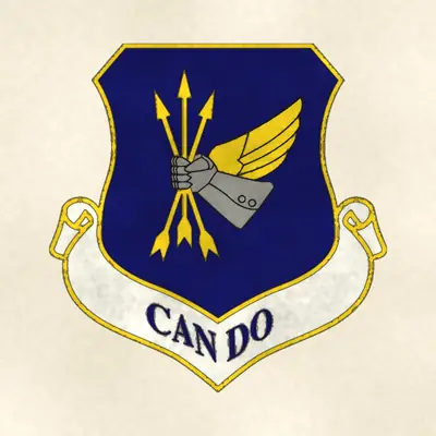 305th Air Mobility Wing (Air Force) organizational emblem, redrawn in ink and watercolor from the public-domain reference image