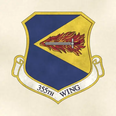 355th Wing (Air Force) organizational emblem, redrawn in ink and watercolor from the public-domain reference image