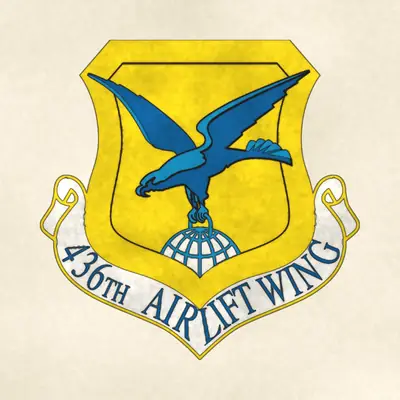436th Airlift Wing (Air Force) organizational emblem, redrawn in ink and watercolor from the public-domain reference image