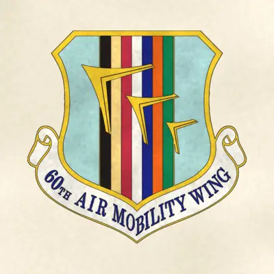 60th Air Mobility Wing (Air Force) organizational emblem, redrawn in ink and watercolor from the public-domain reference image