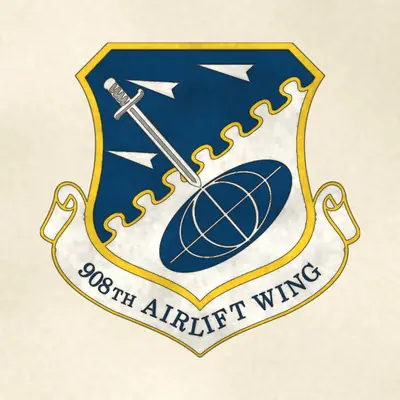 908th Airlift Wing (Air Force) organizational emblem, redrawn in ink and watercolor from the public-domain reference image