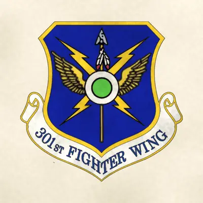 301st Fighter Wing (Air Force) organizational emblem, redrawn in ink and watercolor from the public-domain reference image