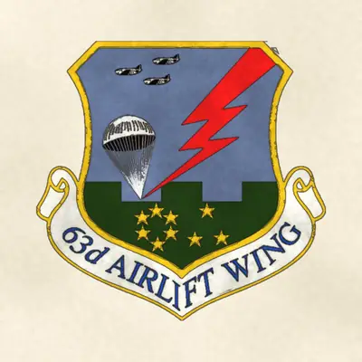 63rd Airlift Wing (Air Force) organizational emblem, redrawn in ink and watercolor from the public-domain reference image