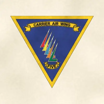 Carrier Air Wing 5 (Navy) command seal / emblem, redrawn in ink and watercolor from the public-domain reference image