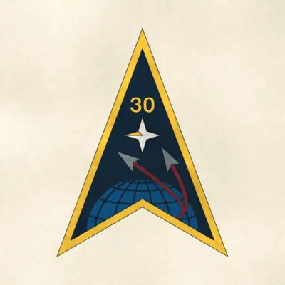 Space Launch Delta 30 (Space Force) unit emblem, redrawn in ink and watercolor from the public-domain reference image