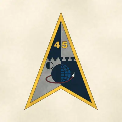 Space Launch Delta 45 (Space Force) unit emblem, redrawn in ink and watercolor from the public-domain reference image