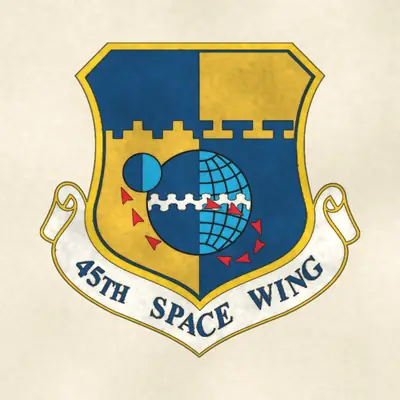 45th Space Wing (Space Force) organizational emblem, redrawn in ink and watercolor from the public-domain reference image