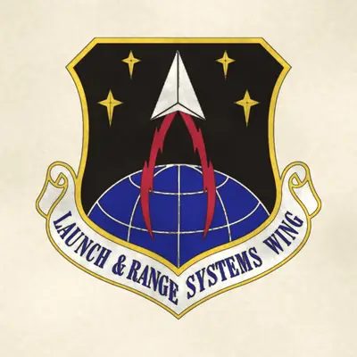 Launch and Range Systems Wing (Space Force) organizational emblem, redrawn in ink and watercolor from the public-domain reference image